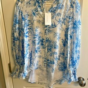 Fate Blue and White Ruffled Long Sleeve Blouse